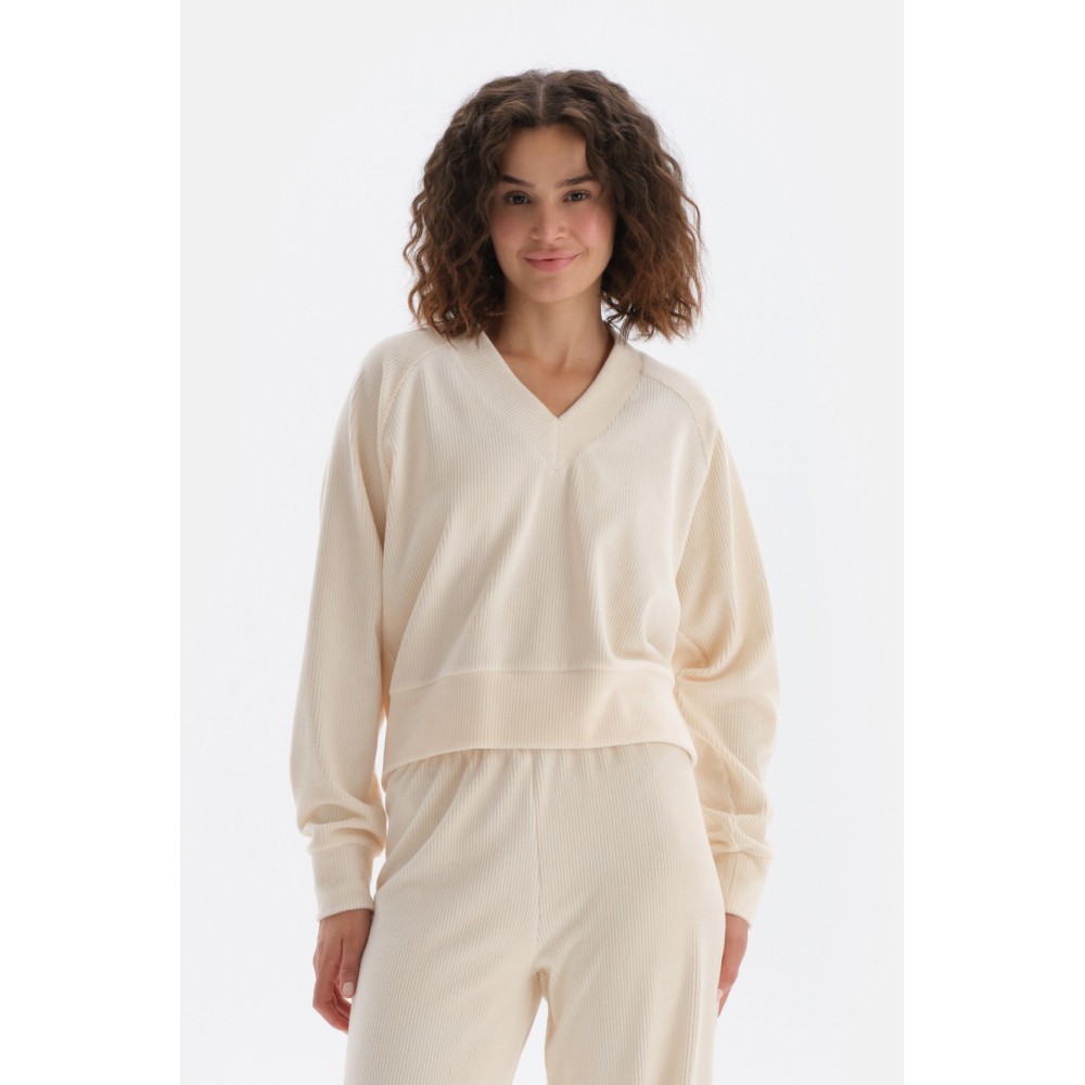 Sweat-Shirt En Velours a Manches Raglan Et Col