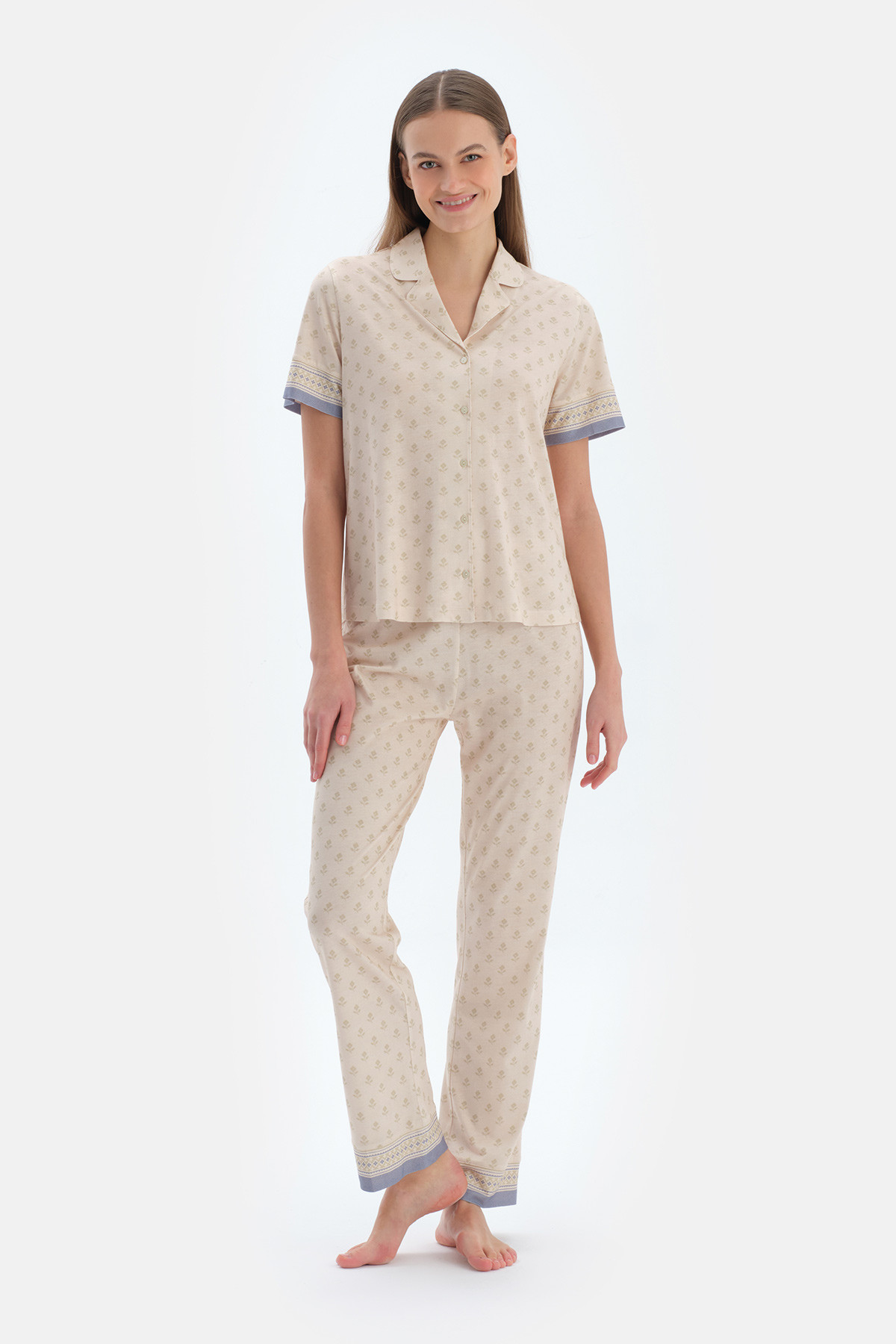 Ensemble Pyjama Chemise Et Pantalon À Motif Crispy Femme Ecru