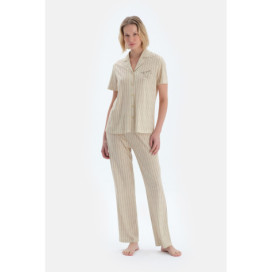 Ensemble De Pyjama Chemise Pantalon Détaillé Brodé À Rayures Femme Vert