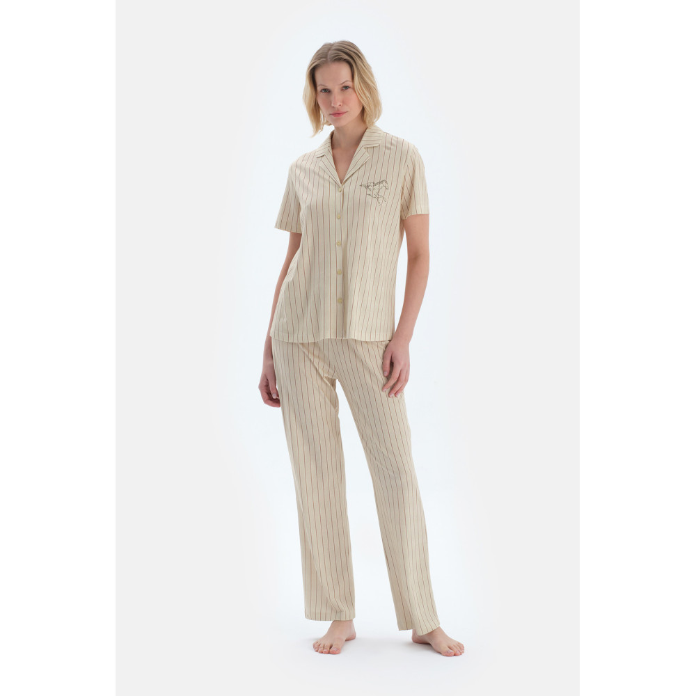 Ensemble De Pyjama Chemise Pantalon Détaillé Brodé À Rayures Femme Vert