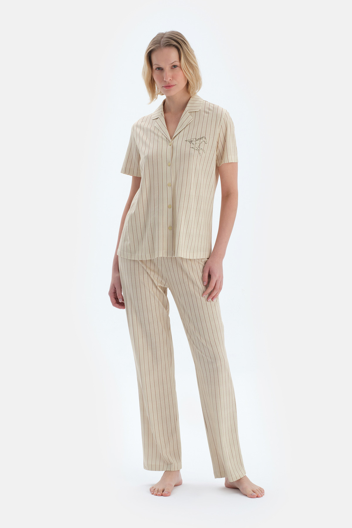 Ensemble De Pyjama Chemise Pantalon Détaillé Brodé À Rayures Femme Vert