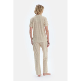 Ensemble De Pyjama Chemise Pantalon Détaillé Brodé À Rayures Femme Vert