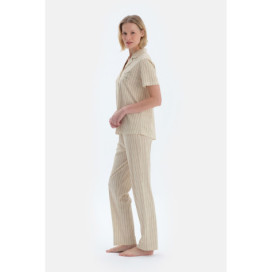 Ensemble De Pyjama Chemise Pantalon Détaillé Brodé À Rayures Femme Vert