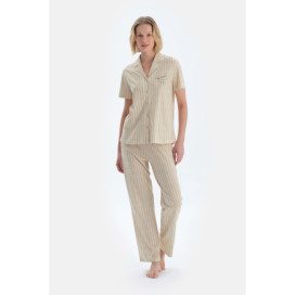 Ensemble De Pyjama Chemise Pantalon Détaillé Brodé À Rayures Femme Vert