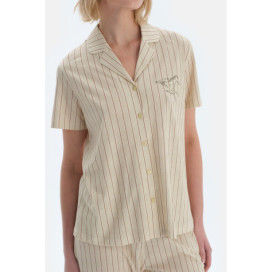 Ensemble De Pyjama Chemise Pantalon Détaillé Brodé À Rayures Femme Vert