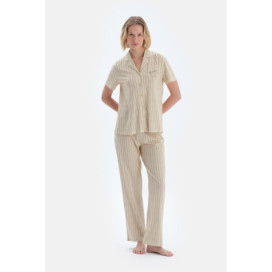 Ensemble De Pyjama Chemise Pantalon Détaillé Brodé À Rayures Femme Vert