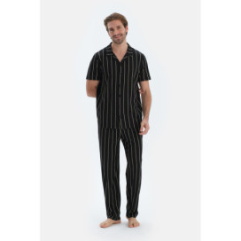 Ensemble De Pyjama Chemise Et Pantalon À Manches Courtes Imprimé Linéaire Homme Noir