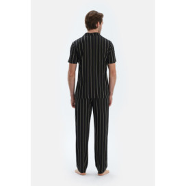 Ensemble De Pyjama Chemise Et Pantalon À Manches Courtes Imprimé Linéaire Homme Noir