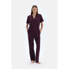 Ensemble Pyjama Chemise Et Pantalon Détaillés Broderie Et __Dentelle Femme Damson