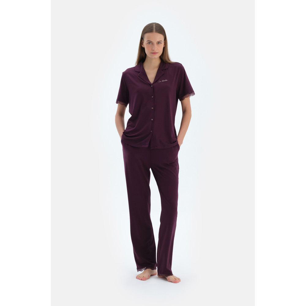 Ensemble Pyjama Chemise Et Pantalon Détaillés Broderie Et __Dentelle Femme Damson