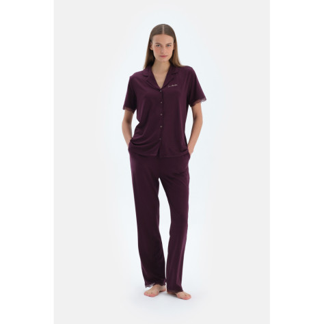 Ensemble Pyjama Chemise Et Pantalon Détaillés Broderie Et __Dentelle Femme Damson