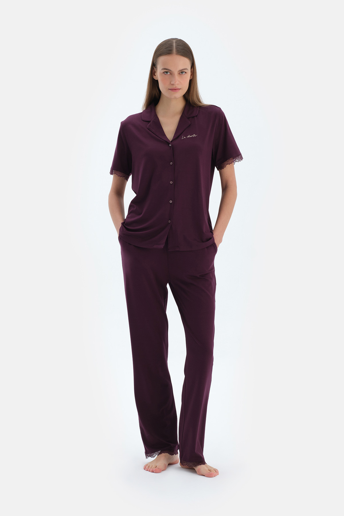 Ensemble Pyjama Chemise Et Pantalon Détaillés Broderie Et __Dentelle Femme Damson