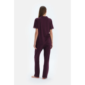 Ensemble Pyjama Chemise Et Pantalon Détaillés Broderie Et __Dentelle Femme Damson