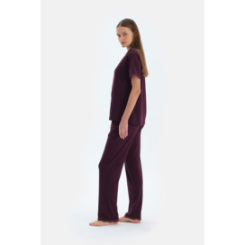 Ensemble Pyjama Chemise Et Pantalon Détaillés Broderie Et __Dentelle Femme Damson