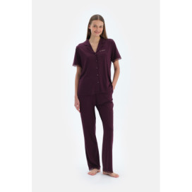 Ensemble Pyjama Chemise Et Pantalon Détaillés Broderie Et __Dentelle Femme Damson