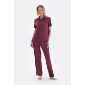 Ensemble Pyjama Chemise Pantalon Basique Femme Bordeaux