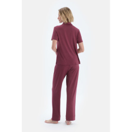 Ensemble Pyjama Chemise Pantalon Basique Femme Bordeaux