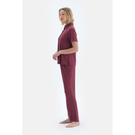 Ensemble Pyjama Chemise Pantalon Basique Femme Bordeaux