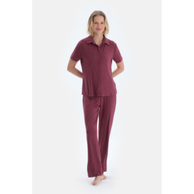 Ensemble Pyjama Chemise Pantalon Basique Femme Bordeaux