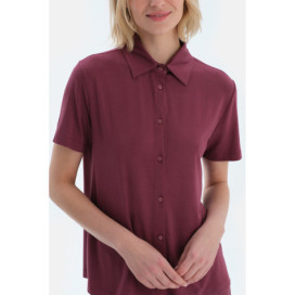 Ensemble Pyjama Chemise Pantalon Basique Femme Bordeaux