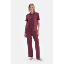 Ensemble Pyjama Chemise Pantalon Basique Femme Bordeaux