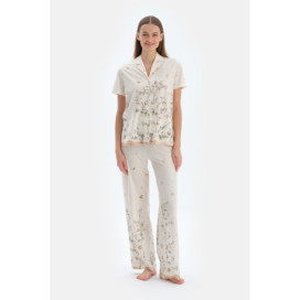Ensemble Pyjama Chemise Et Pantalon À Motifs Fleurs Femme Ecru
