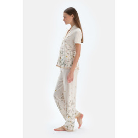 Ensemble Pyjama Chemise Et Pantalon À Motifs Fleurs Femme Ecru