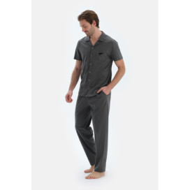 Ensemble Pyjama Chemise Pantalon Manches Courtes Détails Couture Homme Gris