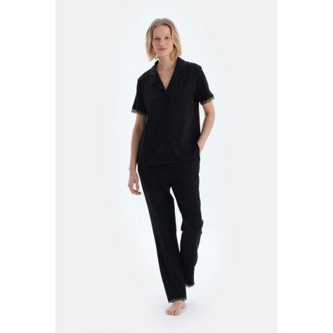 Ensemble De Pyjama Chemise Pantalon En Viscose Détaillé En Dentelle Femme Noir