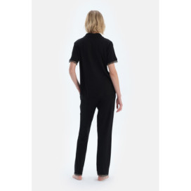 Ensemble De Pyjama Chemise Pantalon En Viscose Détaillé En Dentelle Femme Noir