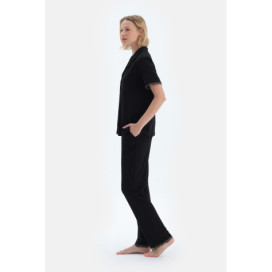 Ensemble De Pyjama Chemise Pantalon En Viscose Détaillé En Dentelle Femme Noir