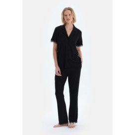 Ensemble De Pyjama Chemise Pantalon En Viscose Détaillé En Dentelle Femme Noir
