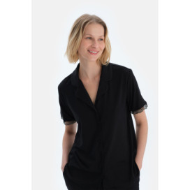 Ensemble De Pyjama Chemise Pantalon En Viscose Détaillé En Dentelle Femme Noir