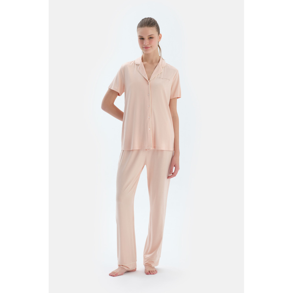 Ensemble De Pyjama Chemise Basique À Manches Courtes Pantalon Femme Marron Clair