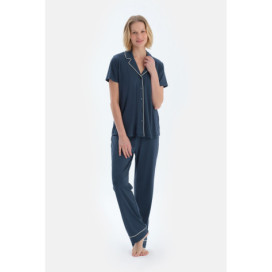 Ensemble Pyjama Chemise Basique À Manches Courtes Pantalon Femme Bleu Marine