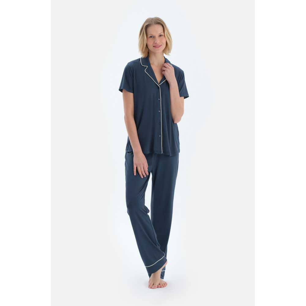 Ensemble Pyjama Chemise Basique À Manches Courtes Pantalon Femme Bleu Marine
