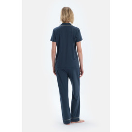 Ensemble Pyjama Chemise Basique À Manches Courtes Pantalon Femme Bleu Marine