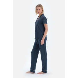 Ensemble Pyjama Chemise Basique À Manches Courtes Pantalon Femme Bleu Marine