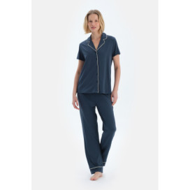 Ensemble Pyjama Chemise Basique À Manches Courtes Pantalon Femme Bleu Marine