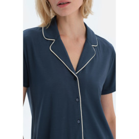 Ensemble Pyjama Chemise Basique À Manches Courtes Pantalon Femme Bleu Marine