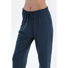 Ensemble Pyjama Chemise Basique À Manches Courtes Pantalon Femme Bleu Marine