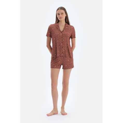 Ensemble Pyjama Chemise Et Short À Motif Léopard Femme Terracotta