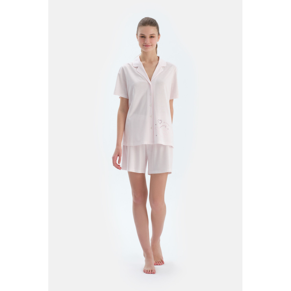 Broderie Détaillée Rayée Peignée Modal Peigné Chemise Short Pyjama Ensemble Femme Rose Clair