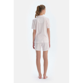 Broderie Détaillée Rayée Peignée Modal Peigné Chemise Short Pyjama Ensemble Femme Rose Clair