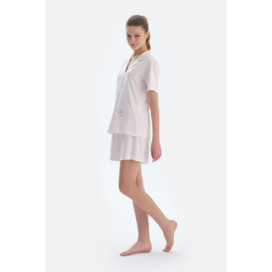 Broderie Détaillée Rayée Peignée Modal Peigné Chemise Short Pyjama Ensemble Femme Rose Clair