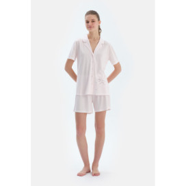 Broderie Détaillée Rayée Peignée Modal Peigné Chemise Short Pyjama Ensemble Femme Rose Clair