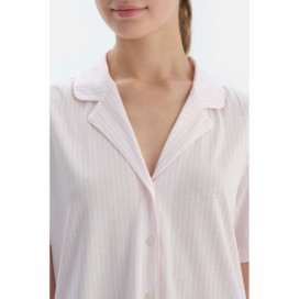 Broderie Détaillée Rayée Peignée Modal Peigné Chemise Short Pyjama Ensemble Femme Rose Clair