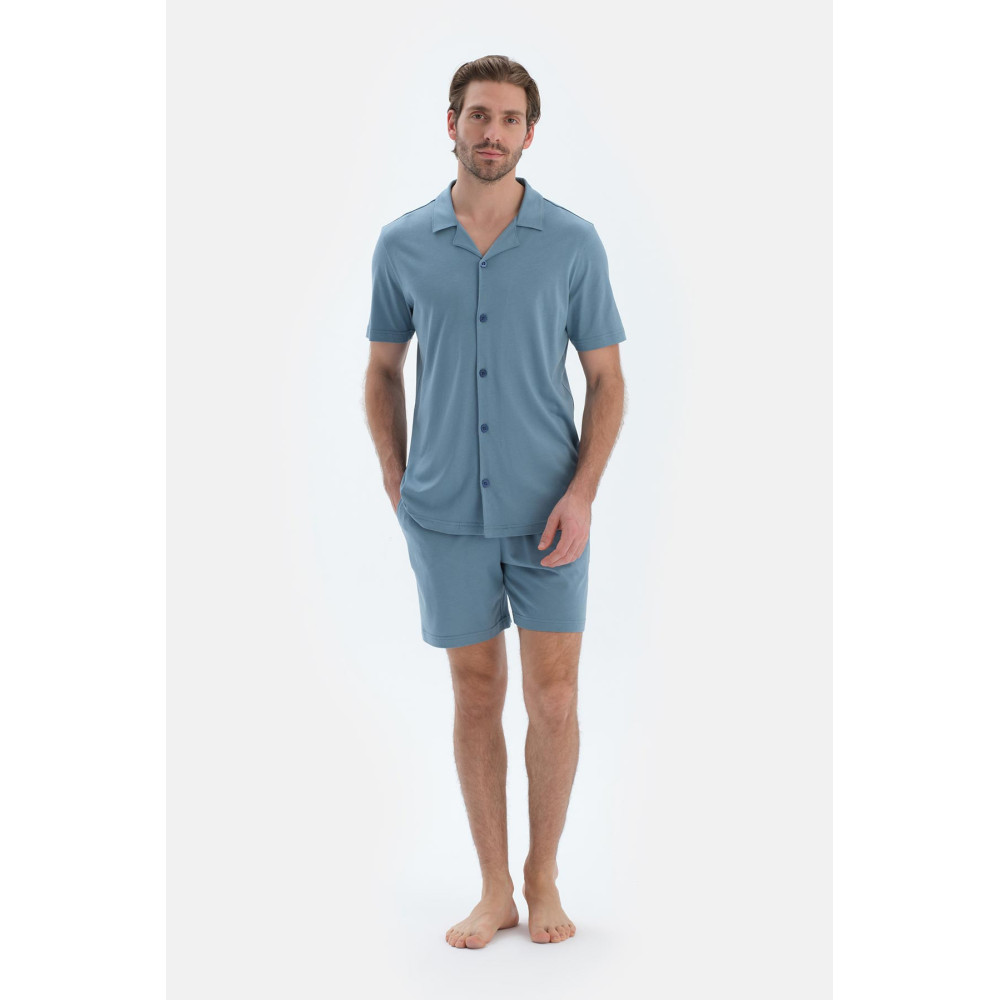 Ensemble De Pyjama Chemise Basique Avec Poche À Manches Courtes Homme Bleu