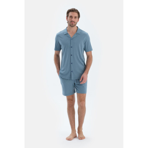 Ensemble De Pyjama Chemise Basique Avec Poche À Manches Courtes Homme Bleu
