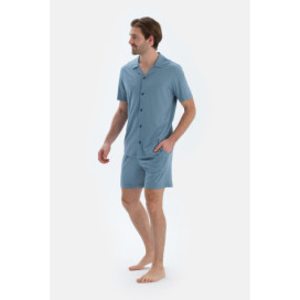 Ensemble De Pyjama Chemise Basique Avec Poche À Manches Courtes Homme Bleu